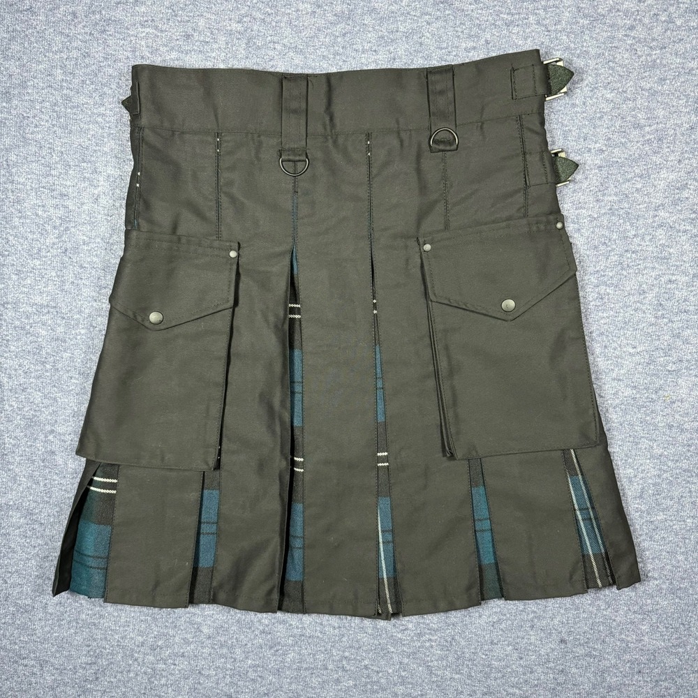 Men's Black Utility Kilt with Blue Tartan Accents